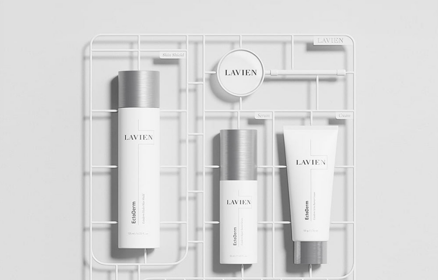 LAVIEN EctoDerm Ritual three-product set: Hydro Skin Shield, Repair Booster Serum, and Active Barrier Cream. SOS Ampoule sold separately.