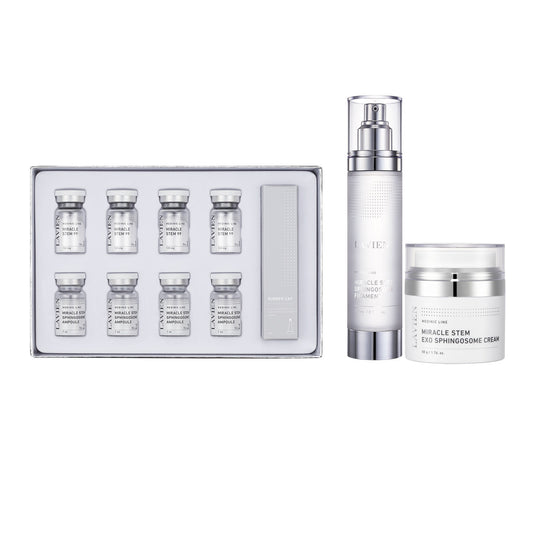 Miracle Stem Ritual complete three-product set: Miracle Stem 99 Program kit, Sphingosome Filament essence, and Exo Sphingosome Cream. Optional treatments are not included.